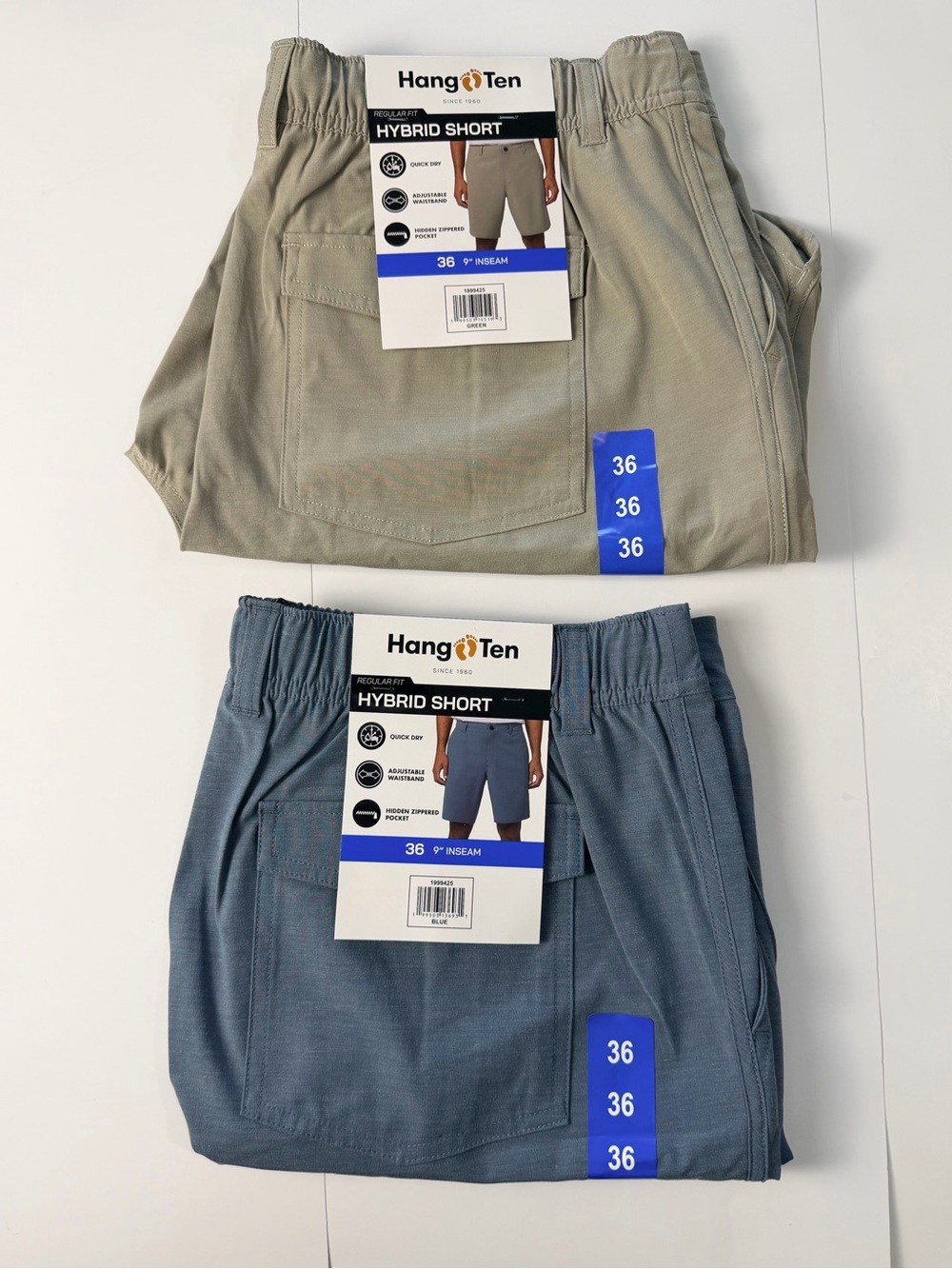 Hang Ten Men’s Hybrid Shorts Size 36 9” Inseam NWT 2-Pack Blue/Tan Khaki